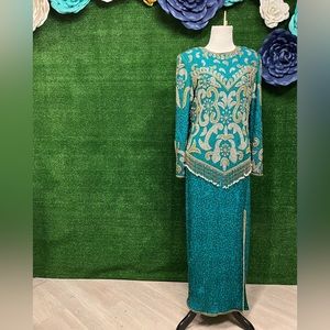Vintage Tan-Chho green silver and gold beaded gown size medium